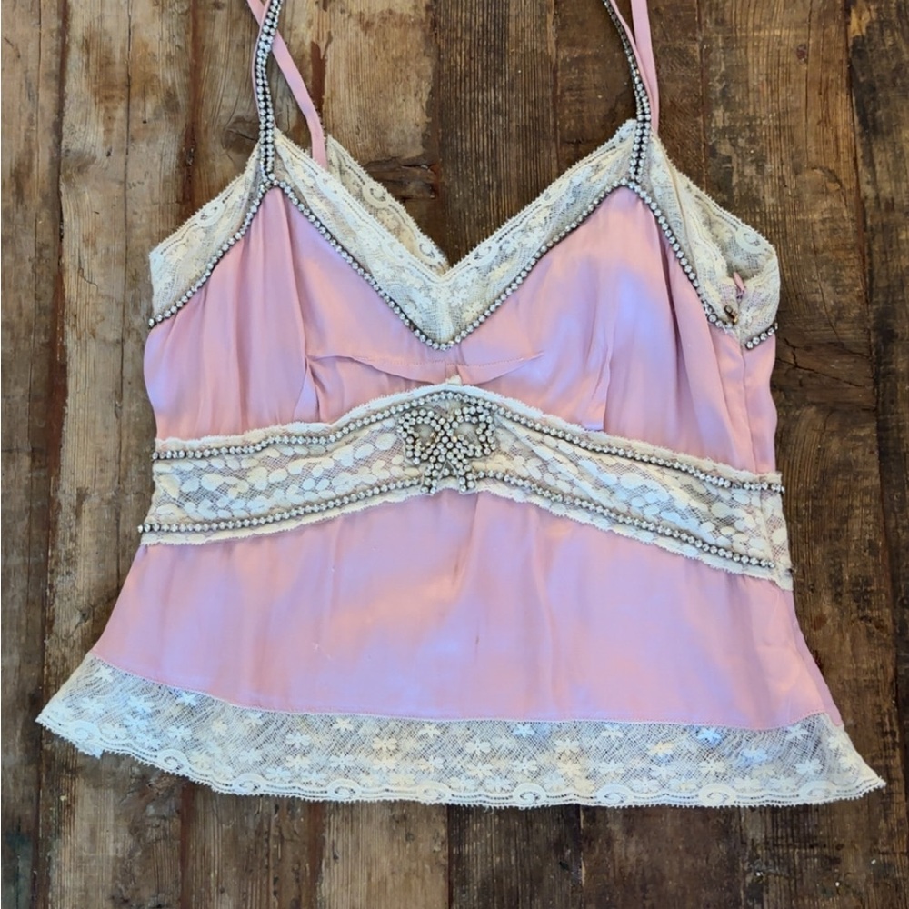 Love Shack Fancy pink silk and lace top with diamond embellishment